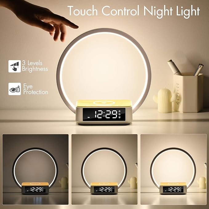 WILIT Bedside Lamp with Alarm Clock, Touch Lamp with Wireless Charger, - Image 4