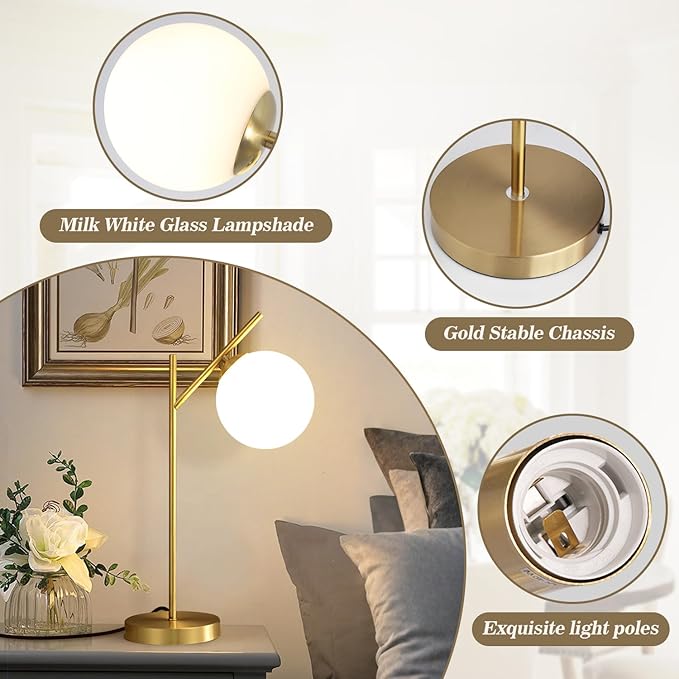 Mid Century Modern Table Lamp, 1 Light Brass Glass Globe Bedside Lamp, - Image 3