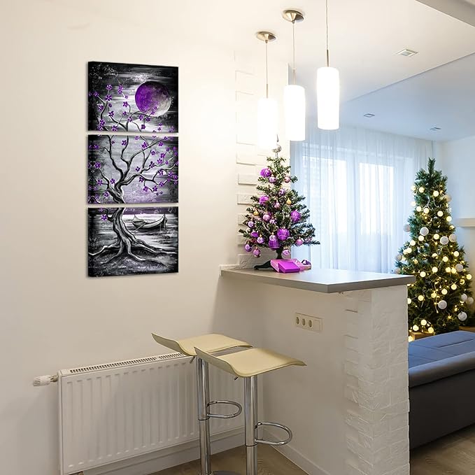 KREATIVE ARTS 3 Piece Full Moon Tree Canvas Wall Art Modern Abstract Black and - Image 2