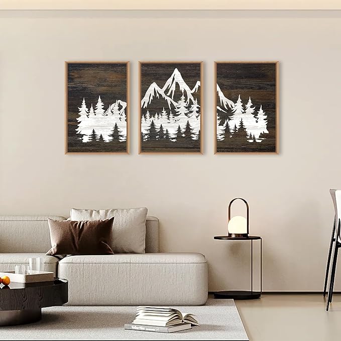 LHIUEM Large Mountain Tree Framed Canvas Wall Art Set, Modern White Forest Art - Image 3