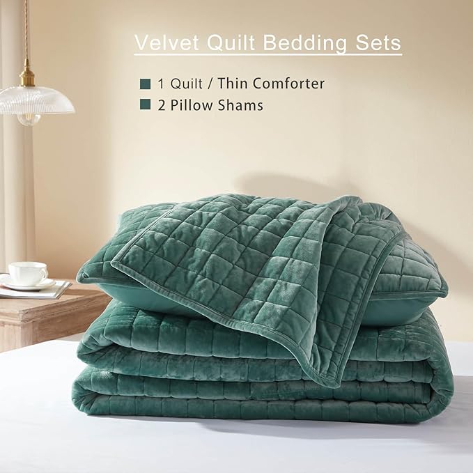 LEAONME Velvet Quilt California King-118''x106'', Lightweight Aqua Green Velvet - Image 5