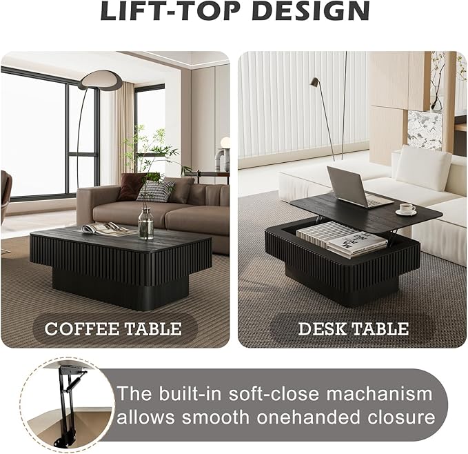 Lift Top Coffee Table with Storage, Solid Wood Coffee Table with Adjustable - Image 4