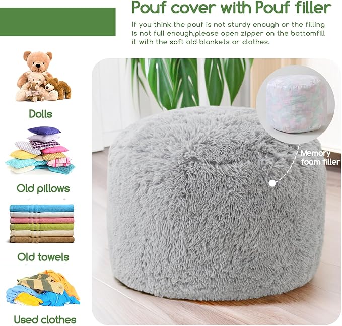 HIGOGOGO Round Stuffed Pouf Ottoman, Long Faux Fur Poufs - Image 3