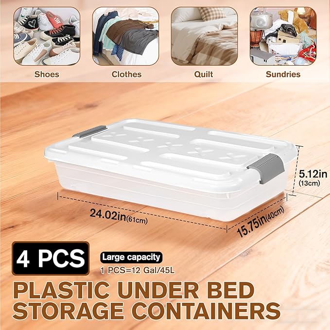 4 PCS*37 Qt Wheeled Latching Under Bed Storage, Stackable Bin - Image 2