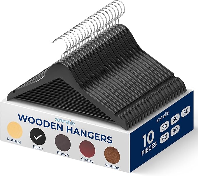 SereneLife 10-Pack Wooden Coat Hangers – Durable Suit Hangers by SereneLife