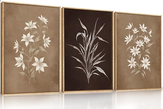 LHIUEM Large Vintage Neutral Botanical Framed Wall Art Set, Nature Wildflower by LHIUEM