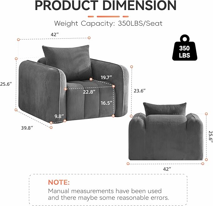 Oversized Boneless Corduroy Accent Chair, Comfy Deep Seat Armchair - Image 2