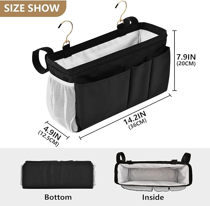 KOPIRIT Black Bedside Caddy Storage Bag Bedside Organizer - Image 4