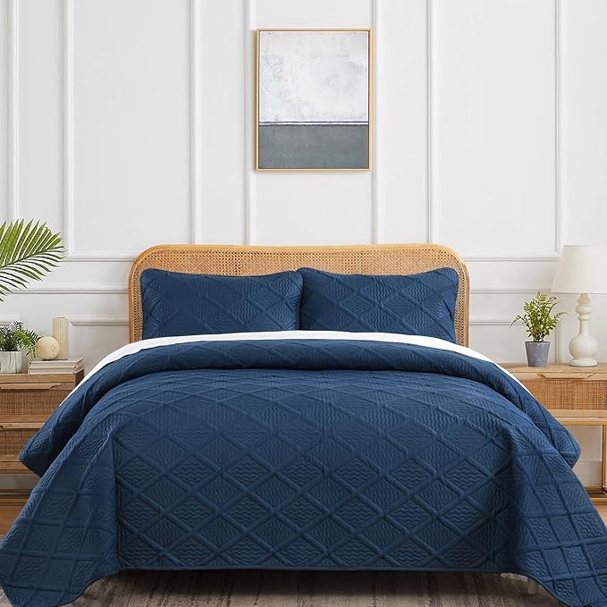 Yiran Quilt Queen Size Bedding Set Navy Blue Bedspreads Embossed Diamond - Image 2