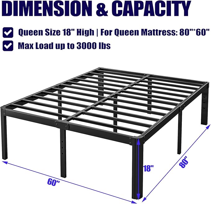 Hunlostten 18in High Queen Bed Frame No Box Spring Needed, Heavy Duty Metal - Image 3
