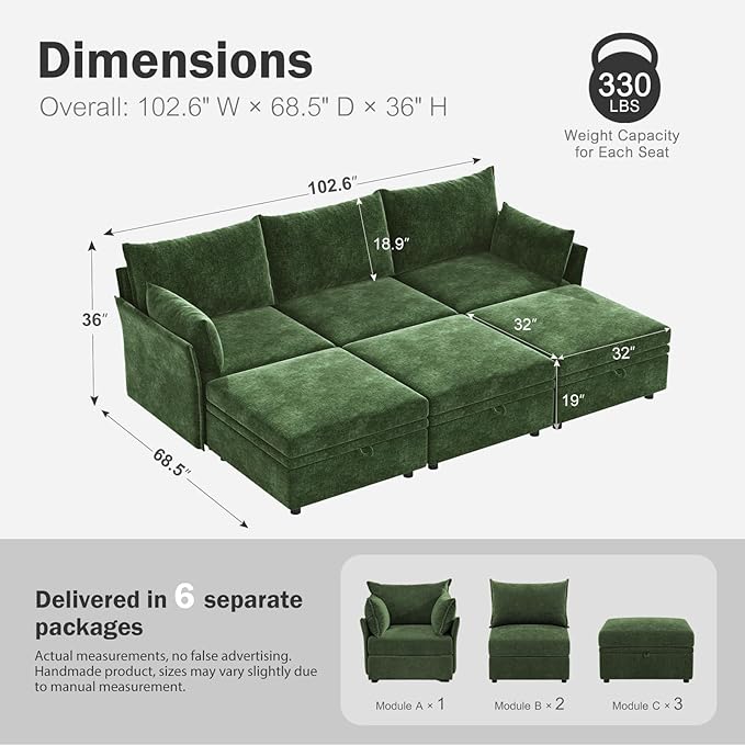 ABCASA 102.6" Luxury Modular Sleeper Sofa Bed 6 Seat Reversible Sectional Couch - Image 2