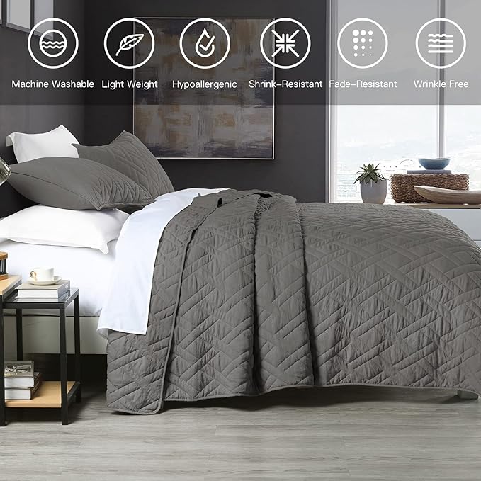 HORIMOTE HOME Quilt Set King Size Grey, Classic Geometric Diamond Stitched - Image 5
