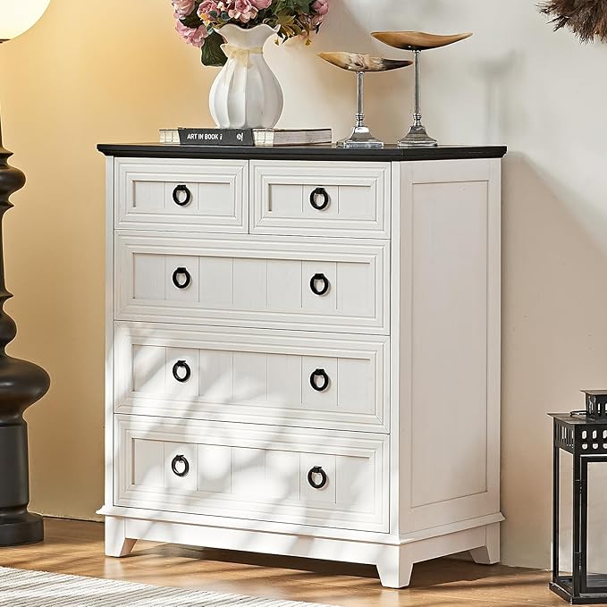 Farmhouse 5 Drawer Dresser for Bedroom Set of 2, 33.2" Tall Small Dressers & - Image 2