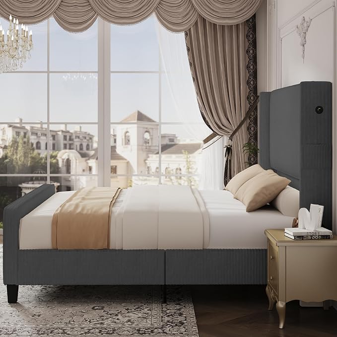 Queen Size Bed Frame with Headboard, Upholstered Platform Bed with Tall - Image 8