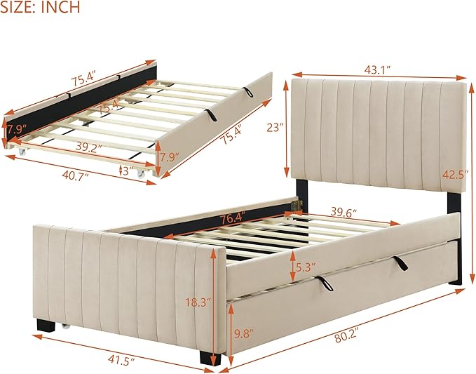 Twin Size Bed Frame with Trundle Bed, Velvet Upholstered Bed Frame, Twin Size - Image 2