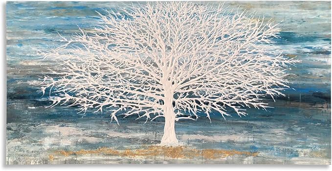 White Tree Canvas Wall Art Large Teal Blue Decor Textured Painting Print - Image 2