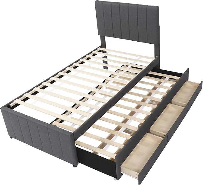 Twin Size Bed Frame with Trundle Bed and Storage Drawers, Linen Upholstered Bed - Image 5