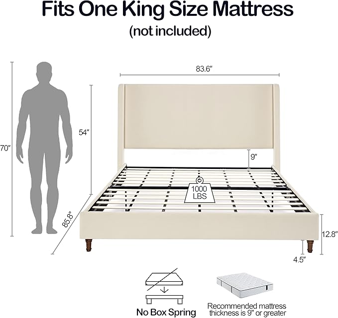 King Size Upholstered Bed Frame, Harper 54" Tall Headboard Platform Beds - Image 2