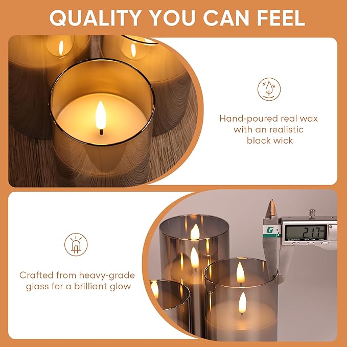 Eywamage Smoke Grey Glass Flameless Pillar Candles - Image 6