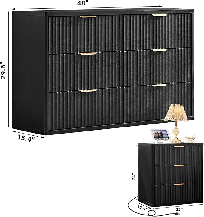 LEYAOYAO 48" Wide Fluted Dresser and 3 Drawers 23" Nightstand Set of 2 - Image 3