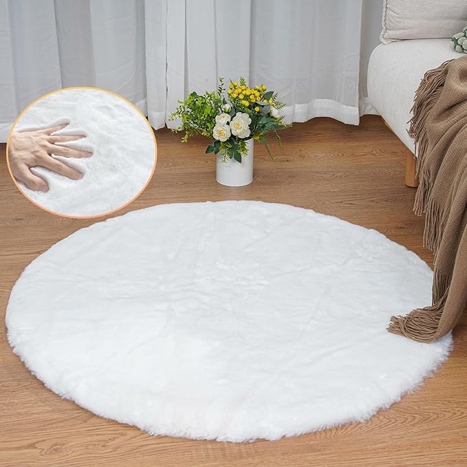 White Faux Fur Round Rug 4ft Fluffy Rabbit Fur Rug Machine Washable Circle Area - Image 3
