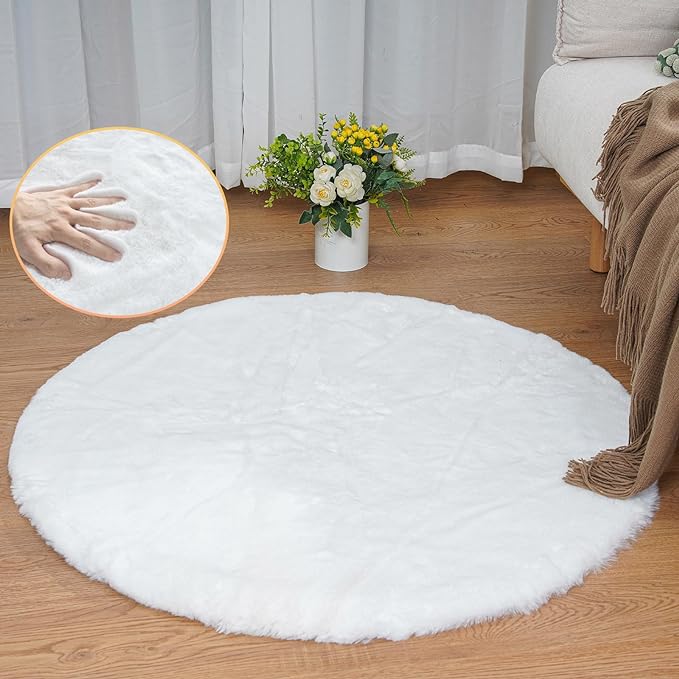 White Faux Rabbit Washable Fur Area Rugs Circle Rugs by ORINOVA