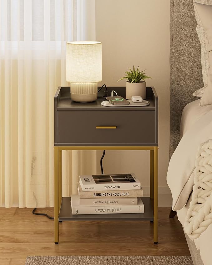 Masupu Nightstand with Charging Station, 3-Tier Modern Bedside Night Stand with - Image 3