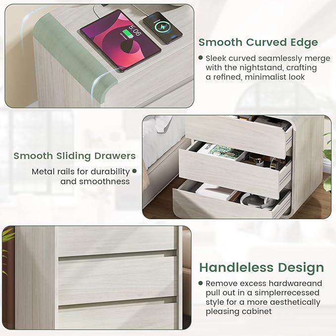 White Nightstand with Charging Station, Modern Curved End Table with 3 Storage - Image 7