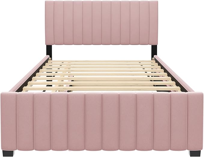 Full Bed Frame with Trundle Bed, Velvet Upholstered Platform Bed Frame - Image 5