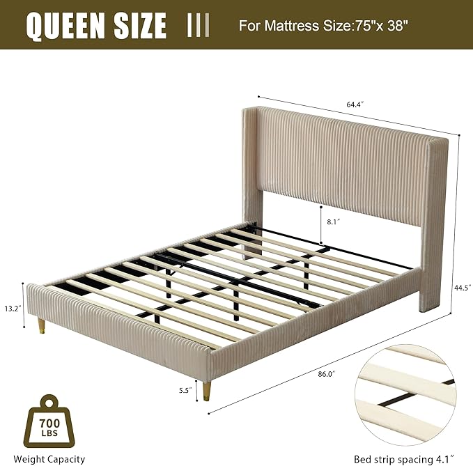 PINJU Queen Size Bed Frame, Upholstered Platform Bed - Image 2