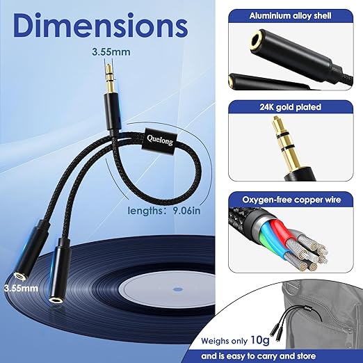 Quelong 2Pcs Headphone Splitter, Dual Headphone Nylon Braided Extension Cable - Image 4