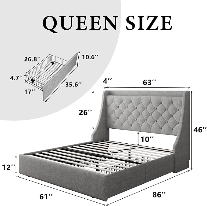 iPormis Queen Bed Frame with 4 Storage Drawers, Upholstered Platform Bed Frame - Image 2