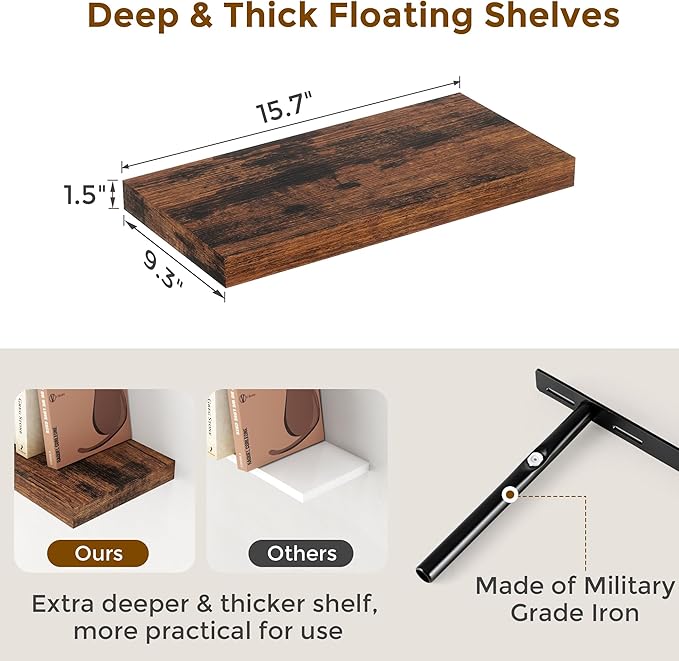 Floating Shelves 16 Inch Long, Wall-Mounted Bathroom Shelves Set of 2, 9.3 Inch - Image 3