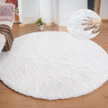 White Shag Round Rugs 8ft for Dining Room Table Faux Bunny Machine Washable Fur by ORINOVA