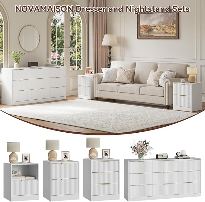 9 Drawer Dresser & Nightstand Set 3-Piece, 63” Wide White Fluted Dresser and - Image 4