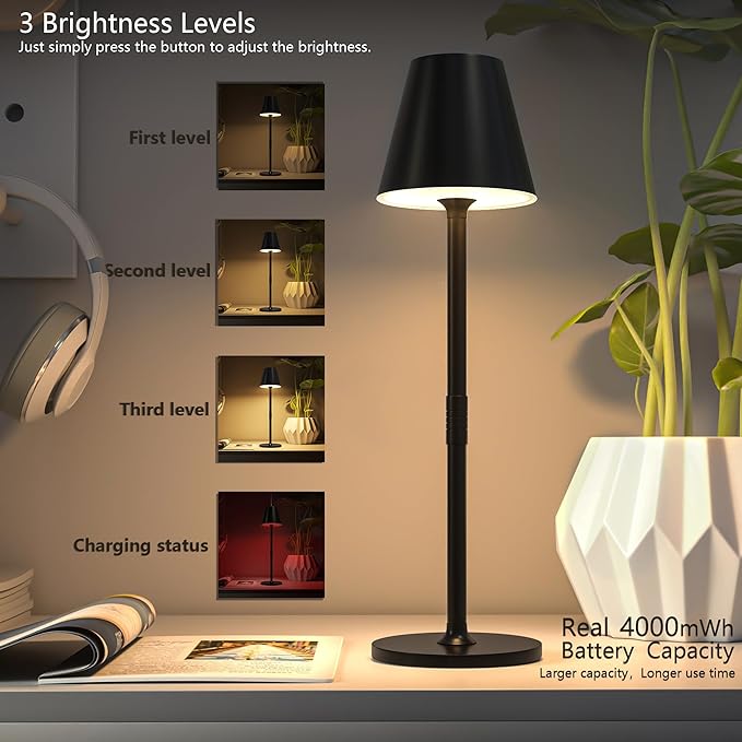 2 Pack LED CordlessTable Lamp, 4000mAh Rechargeable Battery Desk lamp, 3 Level - Image 2