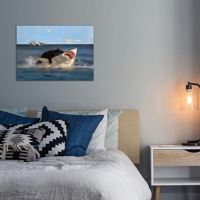 BFKDKG Framed Black Cat Wall Art, Abstract Black Cat Shark Poster, Funny quirky - Image 3