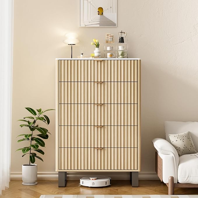 Fluted 5 Drawers Dresser, Wood Storage Organizers - Image 8