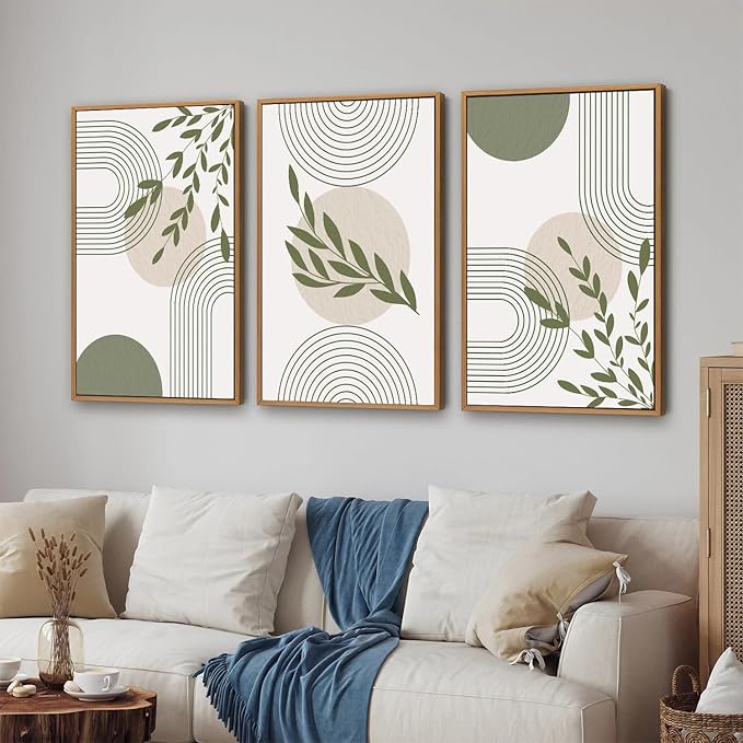 Yeehomedec Boho Sage Green Framed Canvas Wall Art, Mid Century Modern Wall Decor - Image 6