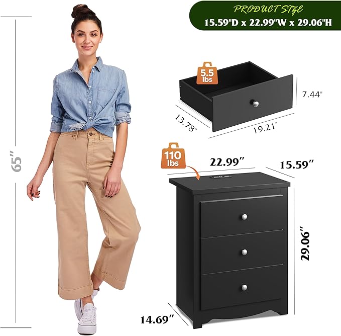 WLIVE Tall Nightstand with Charging Station, Wood Night Stand with 3 Drawers - Image 3