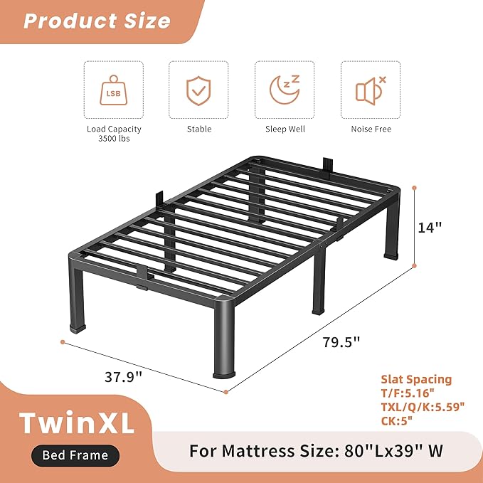 14 Inch Twin XL Heavy Duty 3500 lbs Bed Frame - Image 3