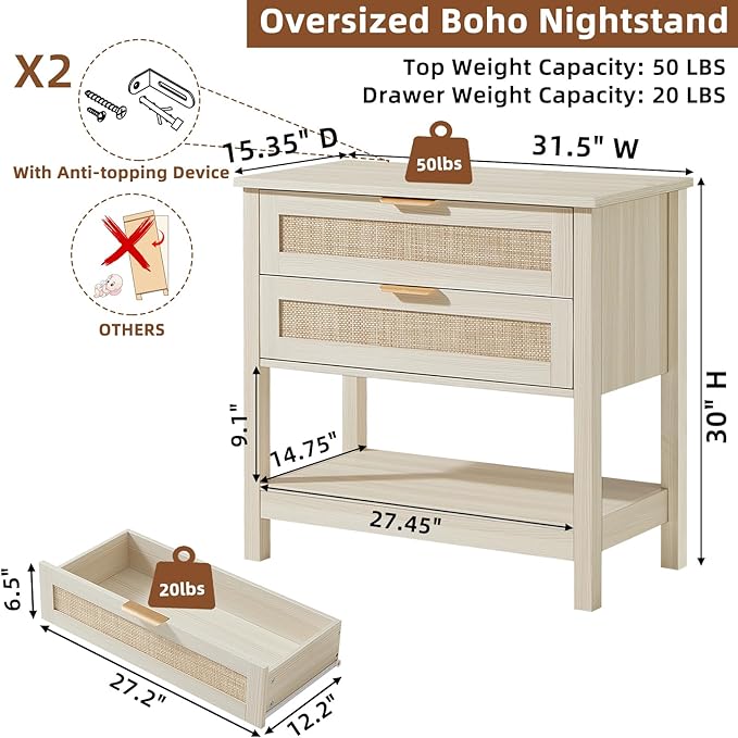 LEYAOYAO 31.5" Wide Rattan Night Stands Set 2, Oversized Large Boho Nightstand - Image 2