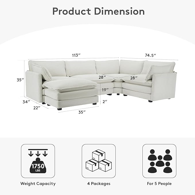 ROWHY 113'' Modular Sectional Cloud Corner Couch, 5 Seater L Shape Sofa Big - Image 2