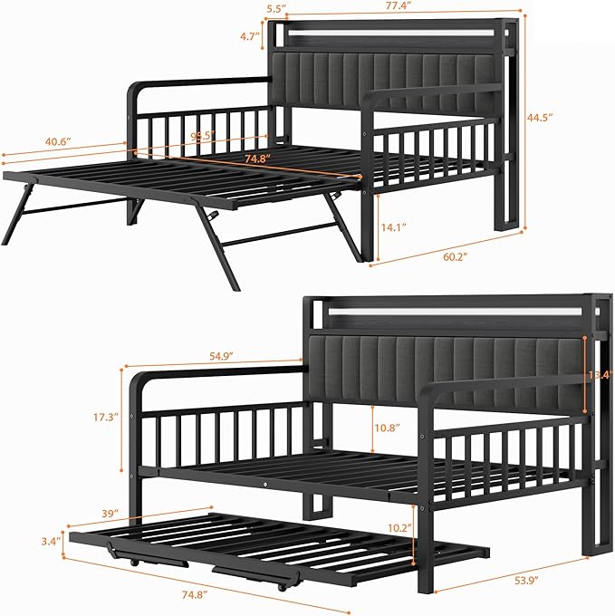 Daybed with Trundle and LED Light, Heavy Duty Metal Full Bed Frame with - Image 2