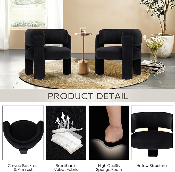 COLAMY Modern Velvet Accent Chairs Set of 2, Upholstered Barrel Chairs - Image 3
