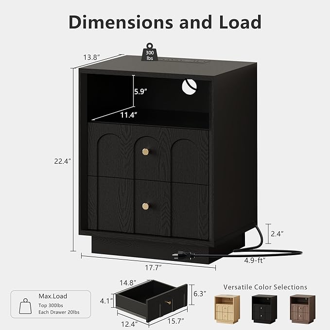 Nightstand with Charging Station, Modern Nightstand with Arched Design - Image 2