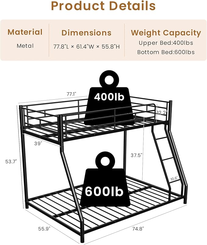 Twin Over Full Bunk Bed for Adults & Kids, Heavy Duty Bunk Beds - Image 2