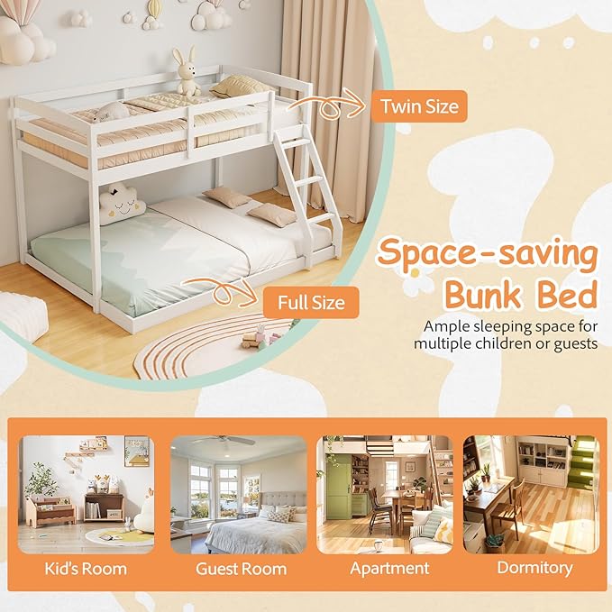 KOMFOTT Low Bunk Bed Twin Over Full, Solid Wood Twin Bed Frame - Image 8