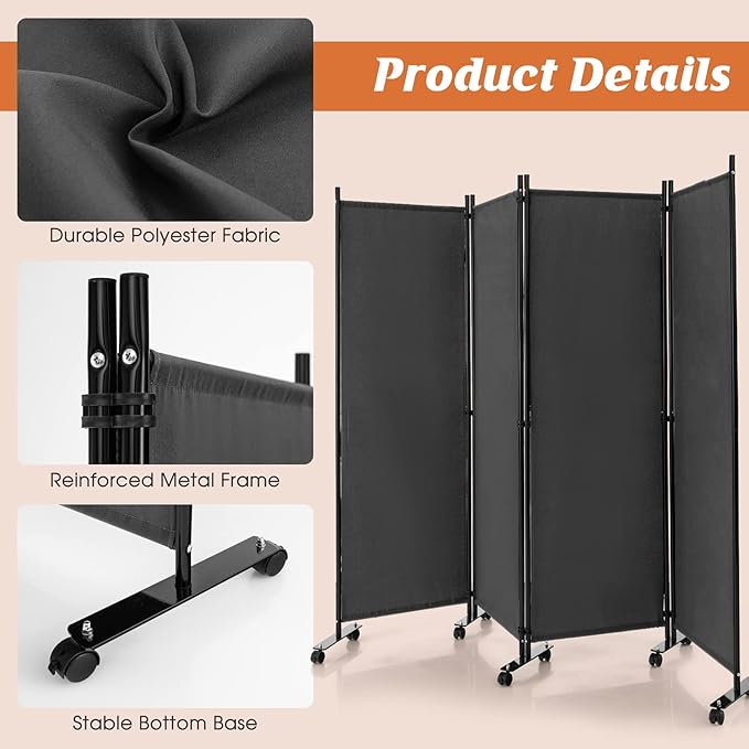 GOFLAME 4 Panel Folding Room Divider, 6FT Rolling Privacy Screen - Image 4