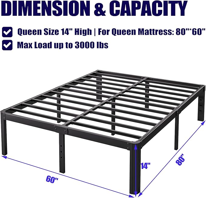 Hunlostten 14in High Queen Bed Frame No Box Spring Needed, Heavy Duty Metal - Image 3